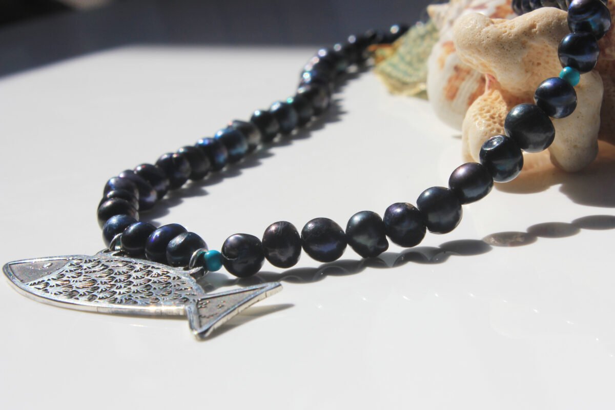 Fish Necklace with Blue Pearls - Image 3